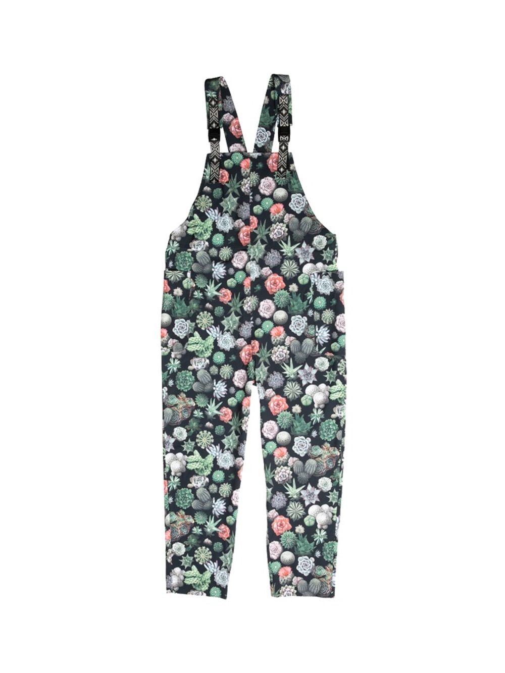 Kavu Black Floral Succulent Print Overalls Jumpsuit